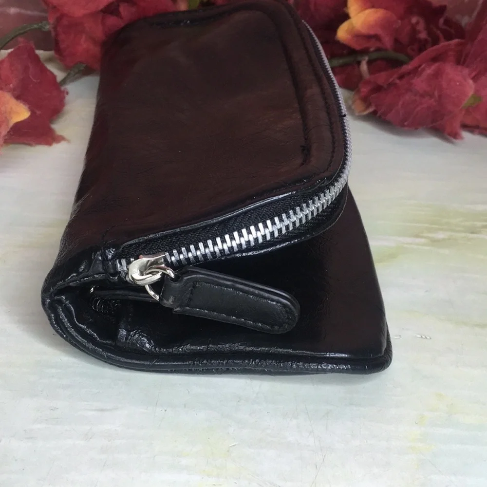 Vintage Black Leather Fold over Zippered Clutch
